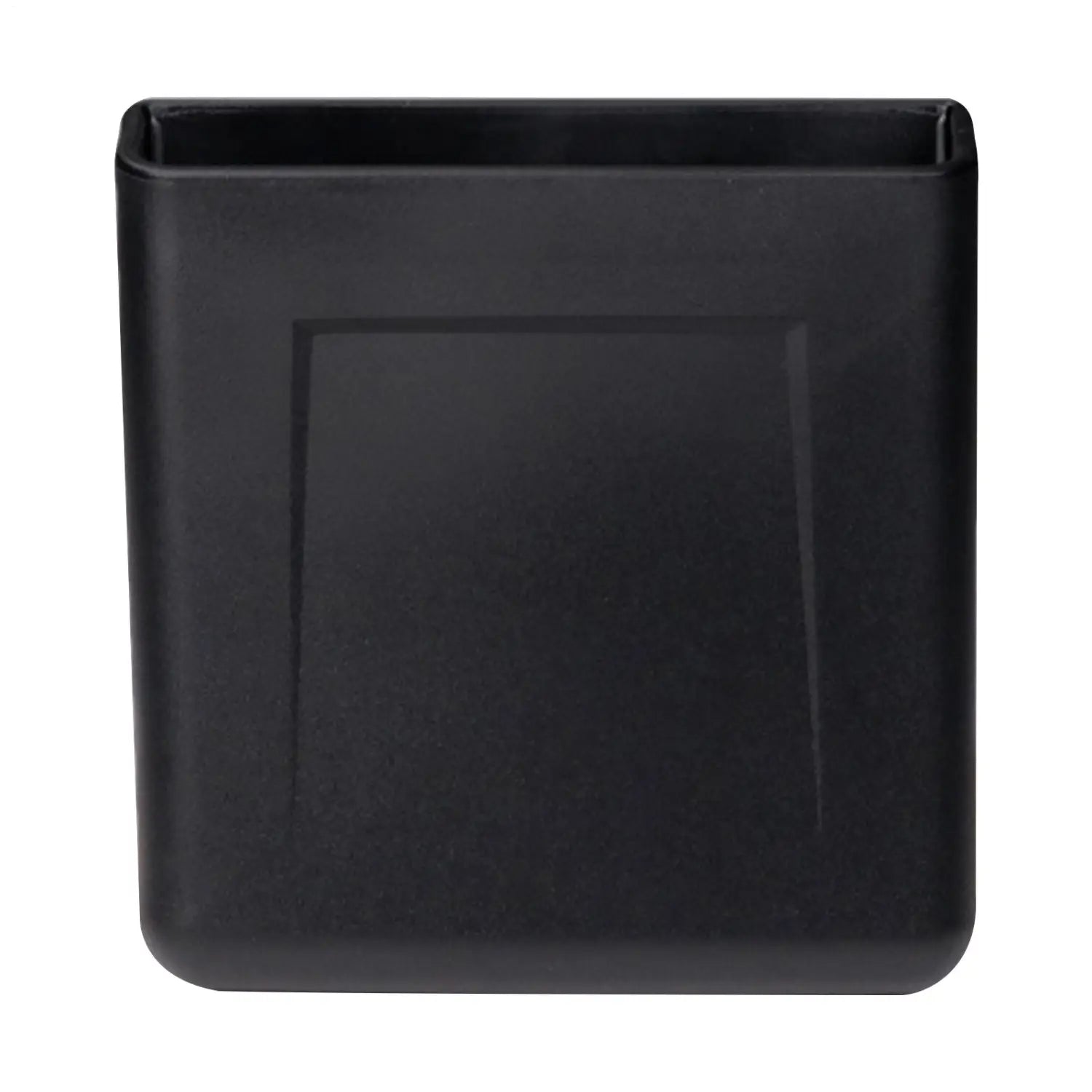 Organizador de almacenamiento para coche rectangular de plástico negro, montaje en bolsillo del tablero ABS, con un diseño cuadrado rebajado sutil en el frente.