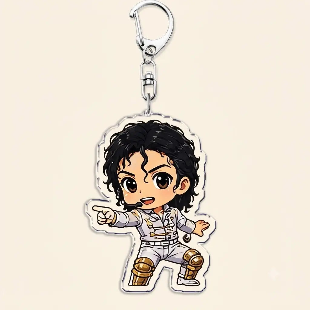 Michael Jackson chibi acrylic keychain featuring a cartoon depiction of Michael Jackson in his iconic white outfit with gold knee pads and microphone attached to a silver metal clip.