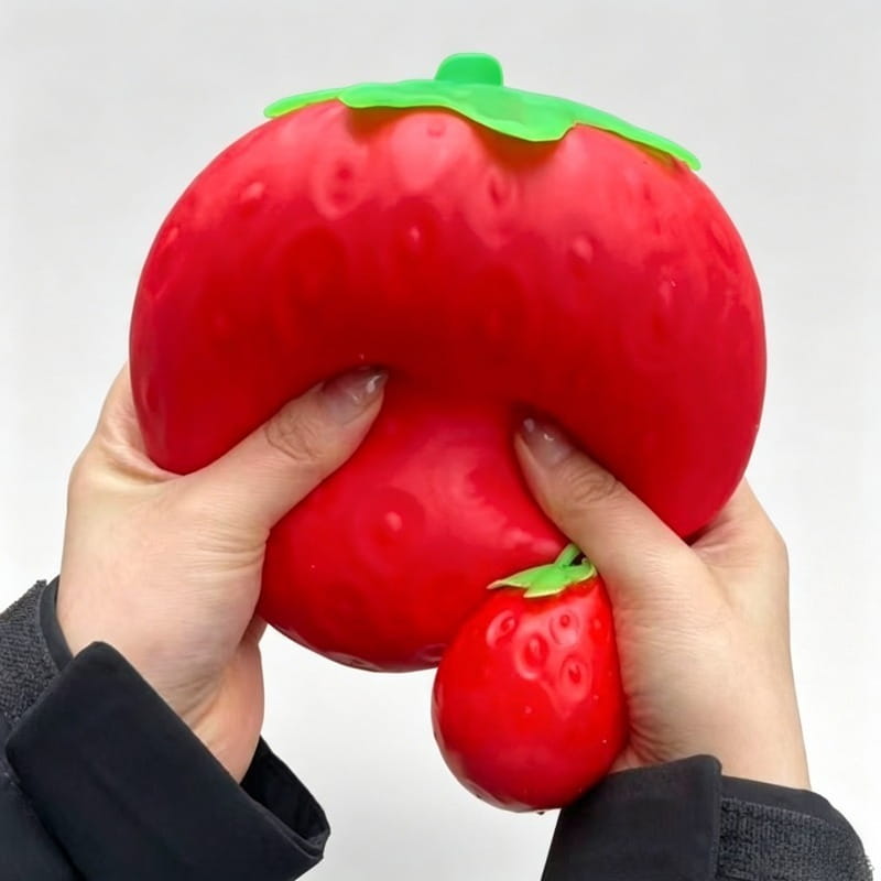 Jumbo strawberry slow rising sensory fidget toy made of soft red silicone with a green leafy top shaped like a strawberry stress ball.
