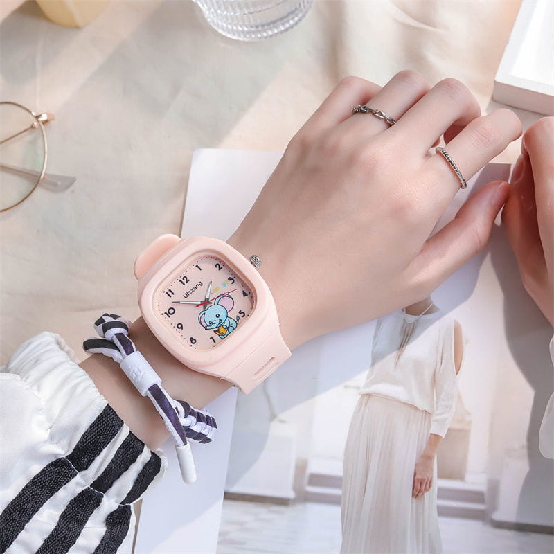 Pink silicone kids luminous cartoon elephant digital watch featuring a cartoon mouse design on the face.