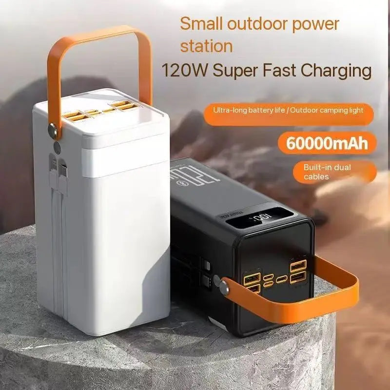 white and black 120w super fast charging outdoor power stations with 60000mah capacity and orange carrying handles featuring micro input 5v2a for portable power bank fast charging station.
