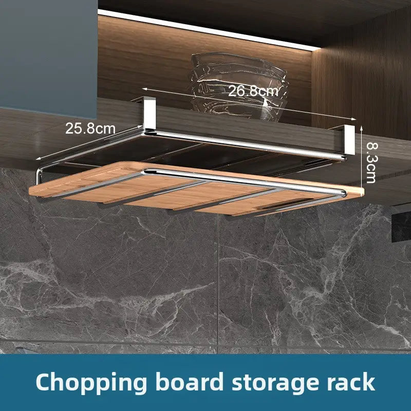 Organisateur de cuisine à fixer sous le plan de travail, doté d’une surface de rangement pour planche à découper en bois et d’un cadre en métal chromé, pour un usage moderne et épuré dans la cuisine