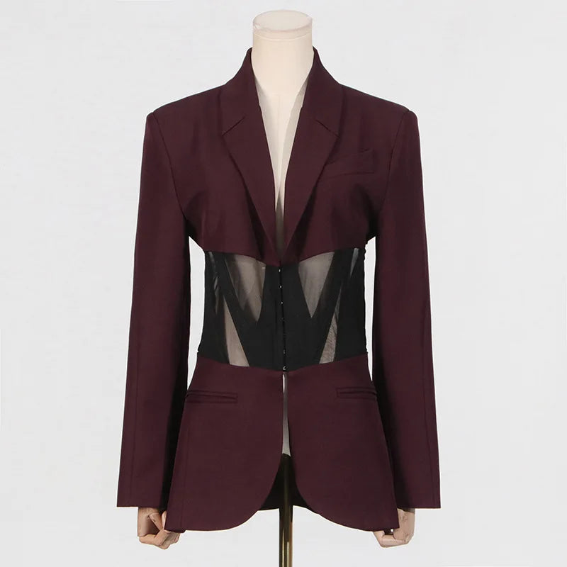 HOTCIAL Fashion Women Blazer Notched Collar Full Sleeve Hidden Breasted Lace Patchwork Waist Black Jacket Autumn 2025 New