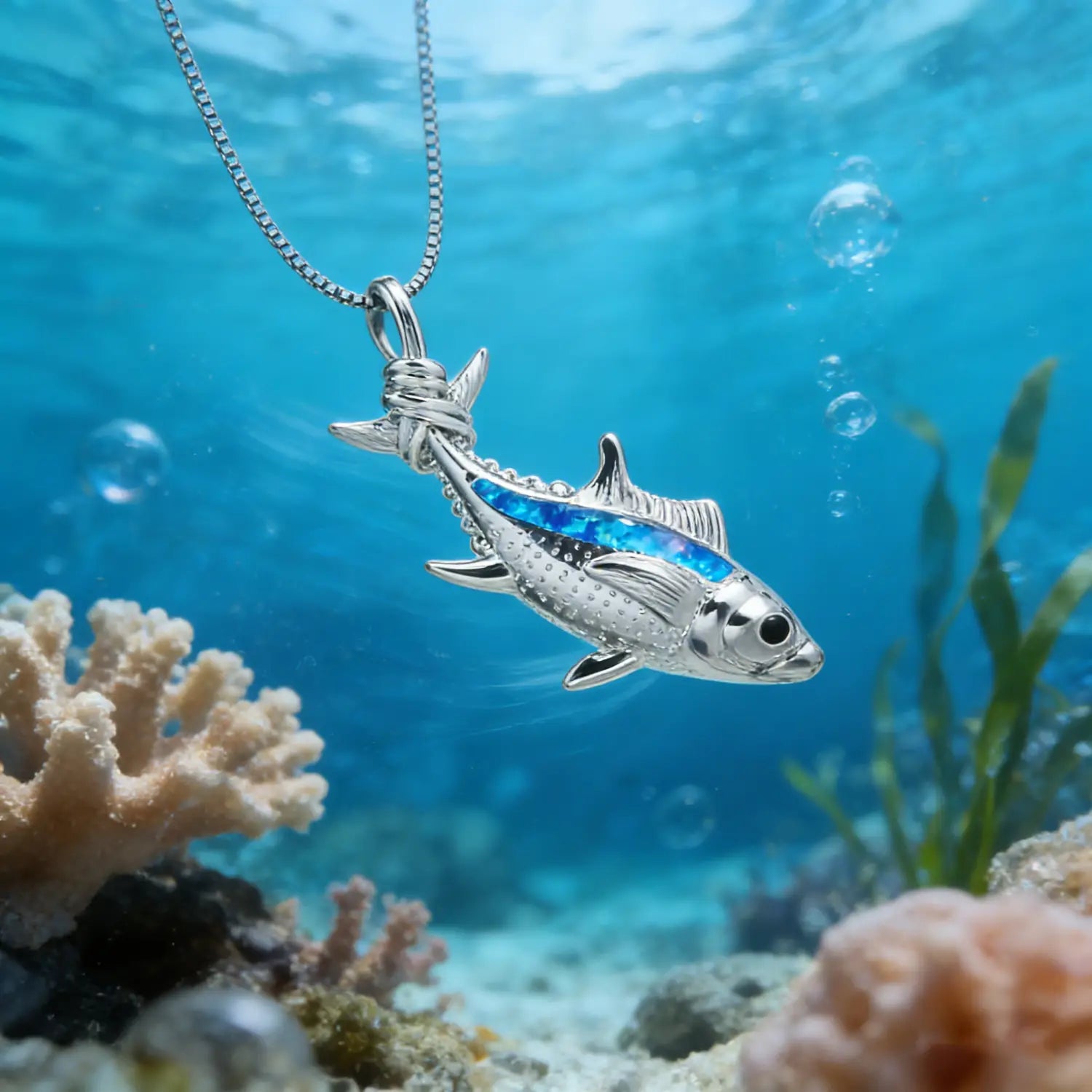 Collier pendentif en forme de thon en argent, avec un placage d’opale bleue éclatant le long de son côté, suspendu à une délicate chaîne en argent, pour le collier pendentif en forme de poisson en opale bleue en bijoux marins en argent.