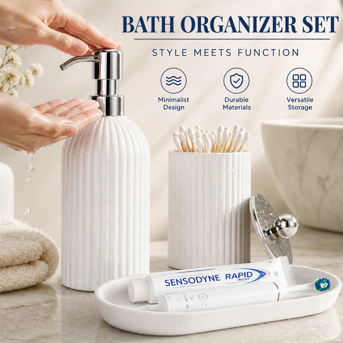 3pcs/set White Bathroom Accessories Set, Farmhouse Organizer with Soap Dispenser, Qtip Jar and Tray for Bathroom Sink