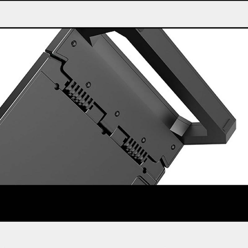 Support de moniteur RGB en plastique noir avec conception pliable, mécanisme de charnière, station d’accueil USB et tiroir de rangement, présenté depuis le côté arrière.