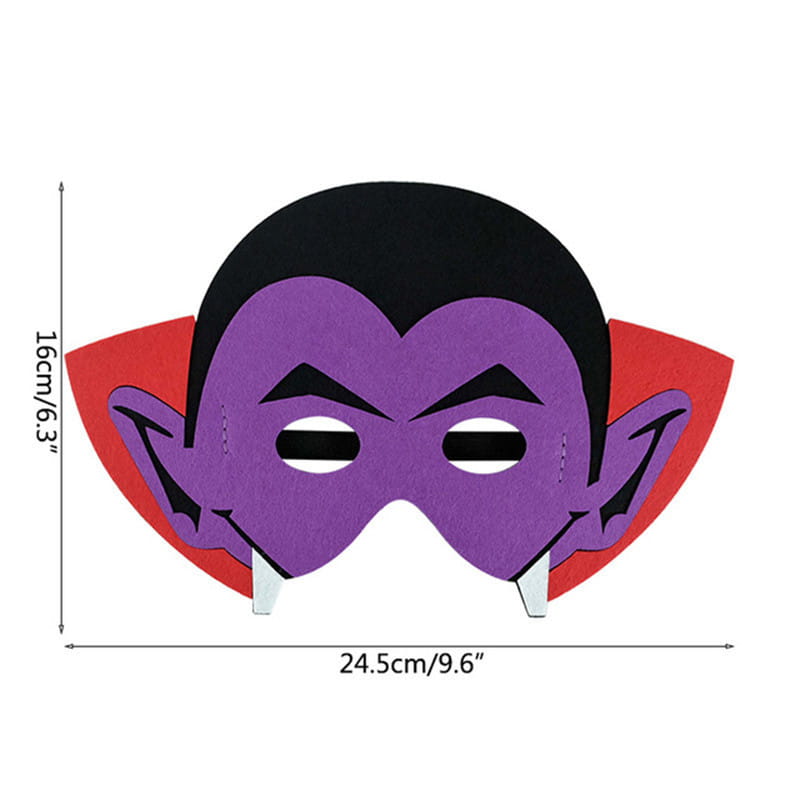 Halloween pumpkin ghost diy mask featuring a purple and red vampire design with black hair, pointed ears, and white fangs made of felt for a party costume.