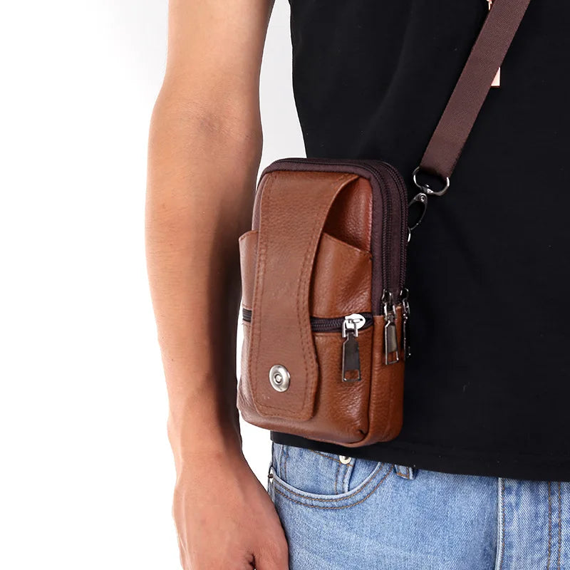 Men Leather Waist Bag Large Capacity Belt Bag Brown Shoulder Bags Crossbody Bags Multi-layer Buckle Mobile Phone Bag Bum Pouch