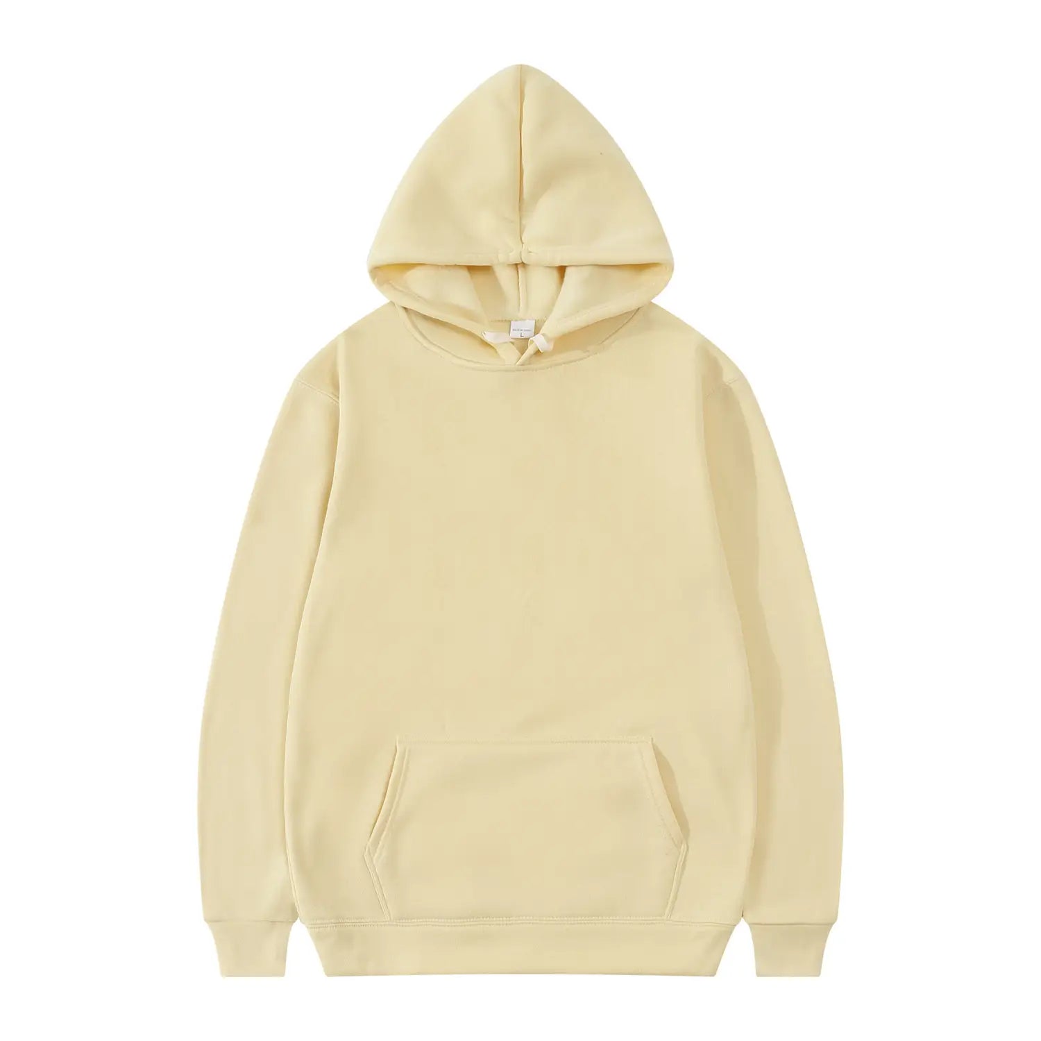 Sudadera con capucha informal para hombre color crema suave, con bolsillo frontal y puños acanalados.