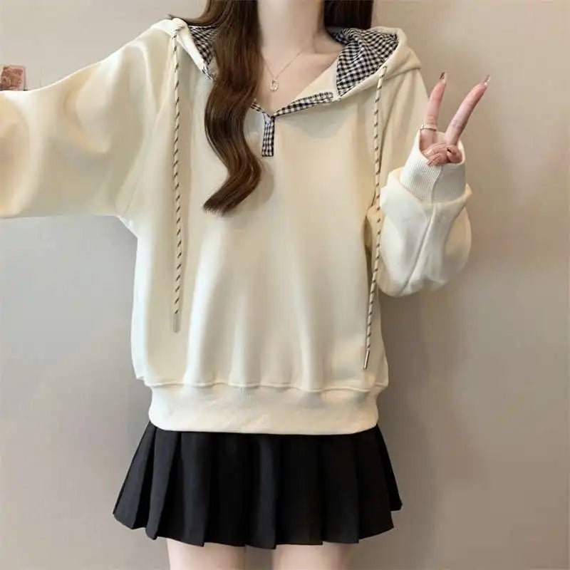 Hoodies Sweatshirt For Women Plaid 90s Vintage Korean Popular Clothes Coat Cotton Kpop Basic Spring And Autumn Woman Hooded Tops