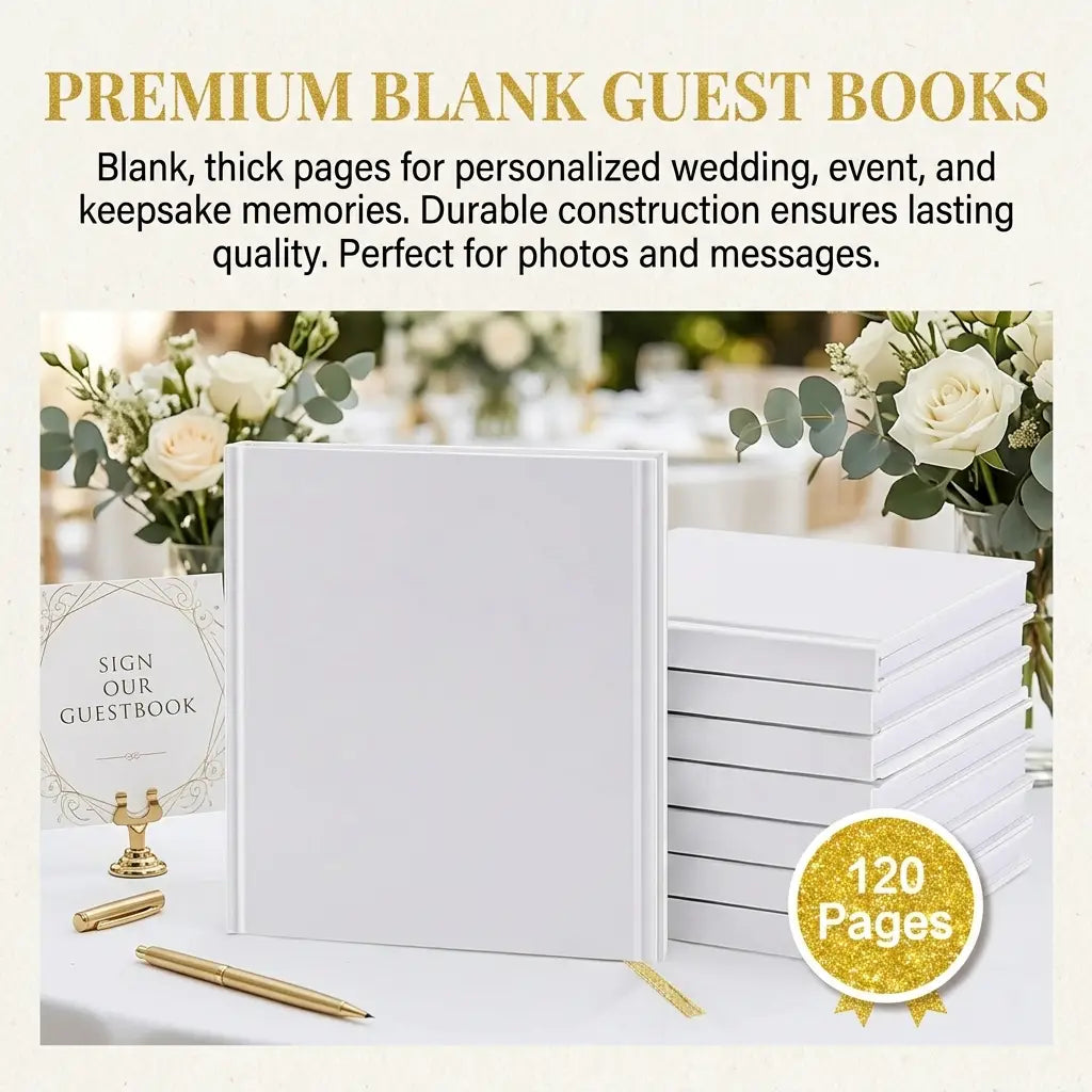 Livre d'invités de mariage vierge premium à couverture rigide blanche, comprenant 120 pages, avec un design épuré et élégant, idéal pour les mariages et les événements.
