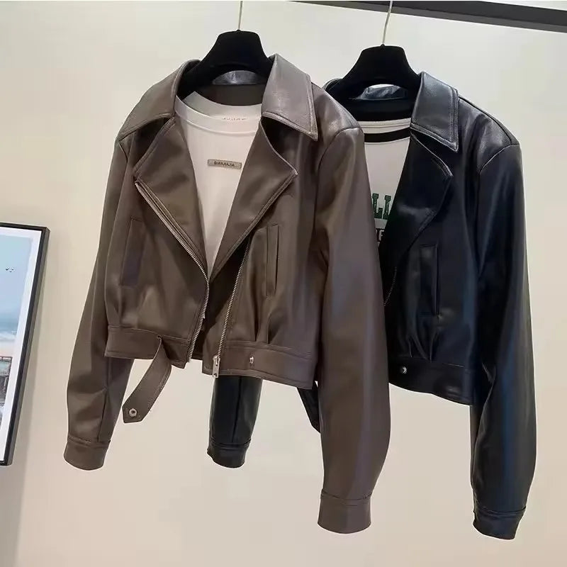 Fashion Leather Jacket Women Coat 2025 Autumn New Temperament Lapel  Short PU Leather Versatile Outwear Female