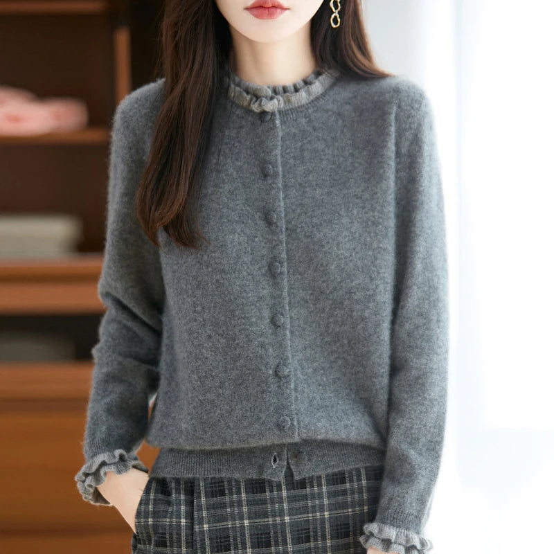 Fashion Women Wool Cardigan Sweater Soft Grace Fringe collar 100% Merino Wool Knitwear Female Spring Autumn Winter Clothes Tops