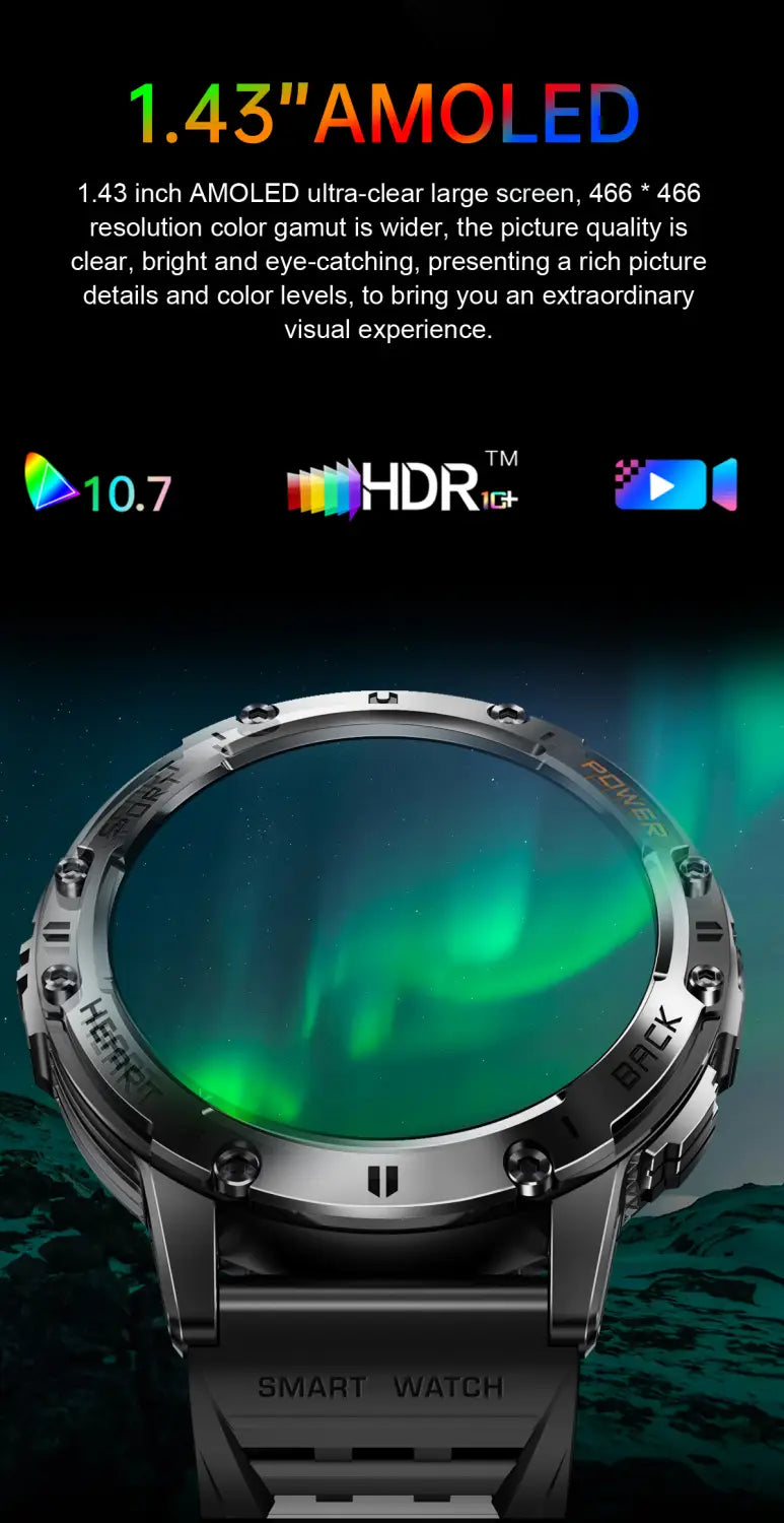 black metal amoled smart watch with heart rate detection features a 1.43-inch amoled screen displaying green aurora borealis imagery, rugged case design, and textured strap material.