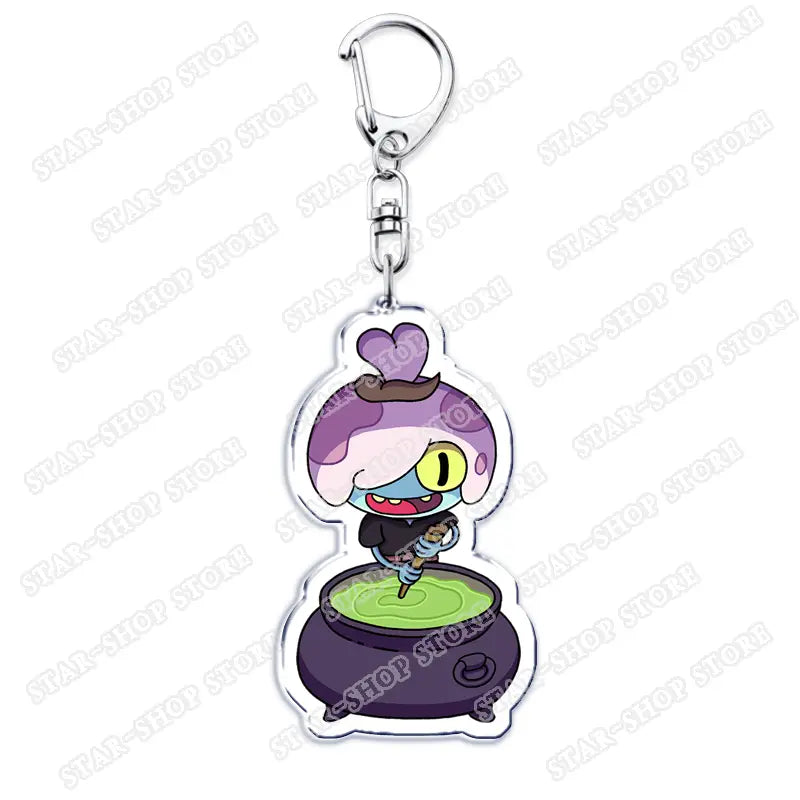 Purple and white amphibian anime acrylic keychain cartoon keyring with a silver metal clasp.