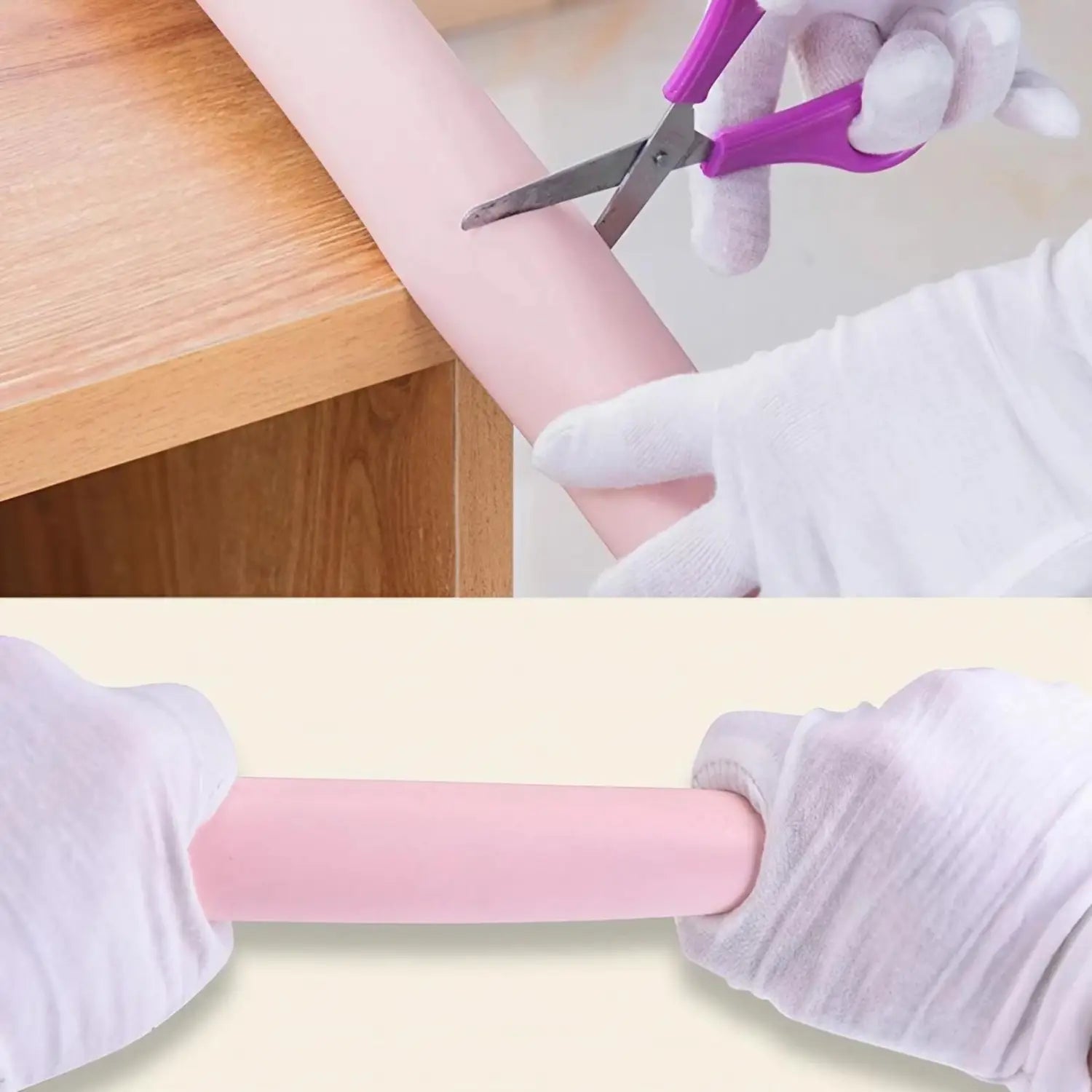 pink silicone arm sleeve being cut with scissors as part of a child safety bumper strip thick l shape guard for edge protection