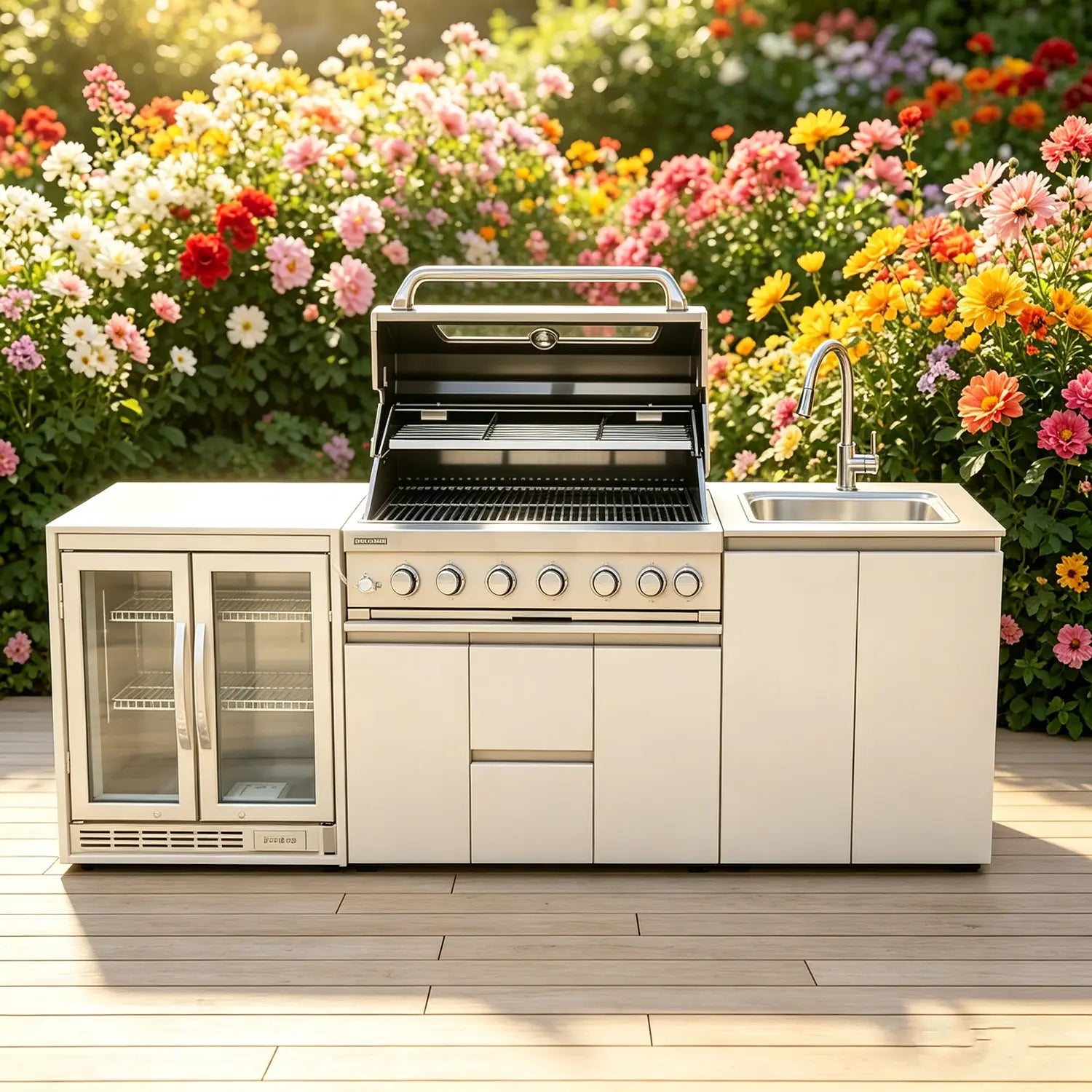 Edelstahl-Outdoorkücheninsel und Grill-Set mit einem Edelstahlerdgaskgrill mit sechs Bedienknöpfen und einem eingebauten Waschbecken, integriert in eine Outdoorküchen-Einheit.