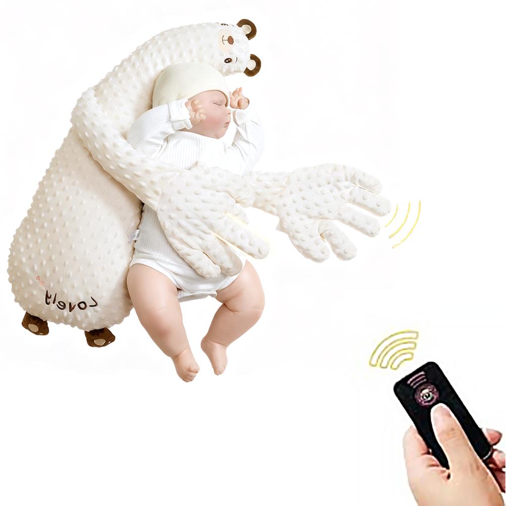Weiße Plüsch-Eisbär-förmige Baby-Schlafhilfe-Handpuppe mit strukturierter Oberfläche und braunen bestickten Details, entwickelt zur Beruhigung von Säuglingen.