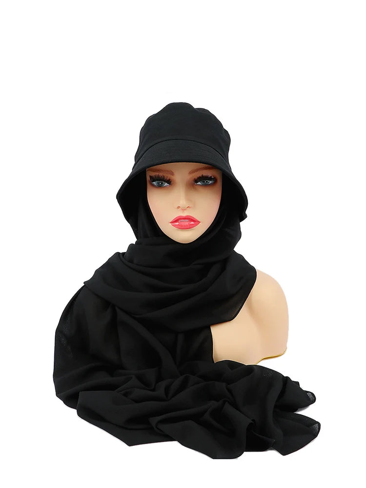 New Muslim Women Bucket Hat With Chiffon Hijabs Summer Sports Cap With Hijab Ready To Wear Instant Hijab Islam Headscarf
