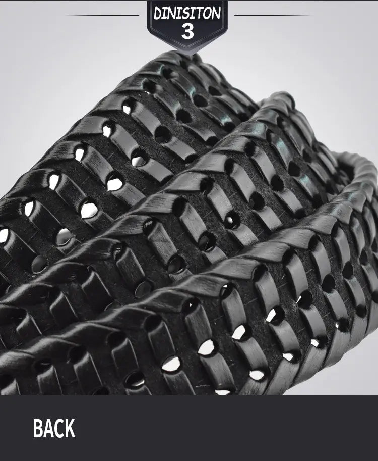 Ceinture en cuir tressé pour hommes de couleur noire, avec motif d’emboîtement texturé et sangle en cuir de vache décontractée perforée.