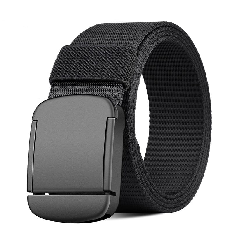 Men tactical canvas belt with a black woven fabric strap and a matte black metal automatic buckle.