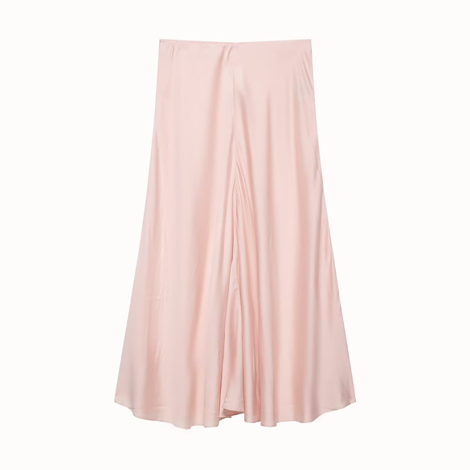 Ein zartes Blush-Pink-satinierter Plisseerock im Midi-Format mit hoher Taille und einer glatten, fließenden Silhouette.