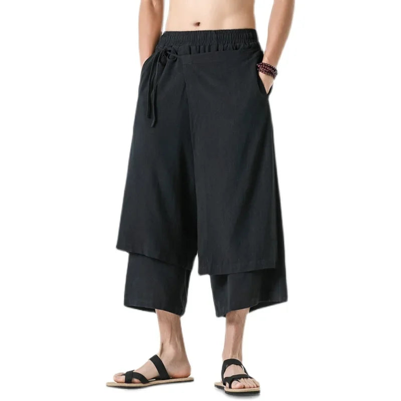 Men Casual Withe Wide Leg Pants Mens Irregular Cotton  Linen Harem Pants Male Solid  Vintage Skirts Trousers M-5XL