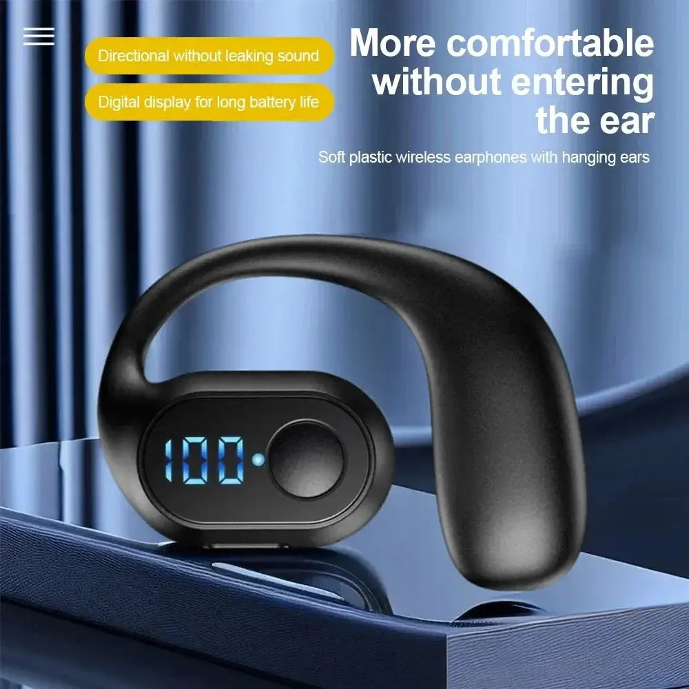 Écouteurs Bluetooth sans fil à crochet pour oreille en plastique souple noir, avec affichage LED numérique indiquant un niveau de batterie de 100