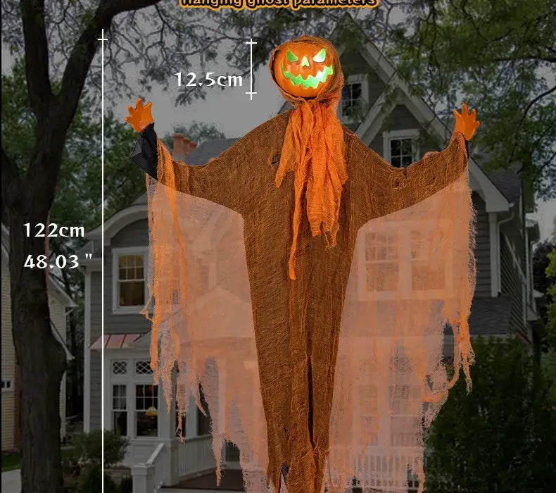 calabaza naranja de espantapájaros colgante, decoración de Halloween hecha de tela con textura, con ojos y boca de LED verdes que emiten luz.