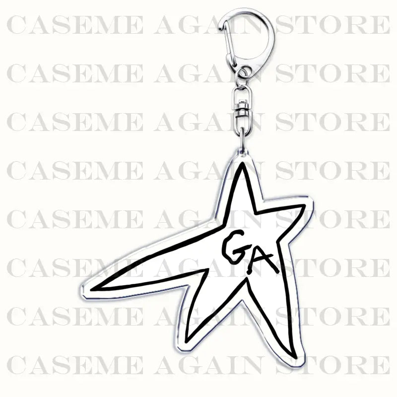 Silver star-shaped acrylic keychain with a sleek metallic finish and bold black outline featuring the initials ga for Gracie Abrams anime fan gift.