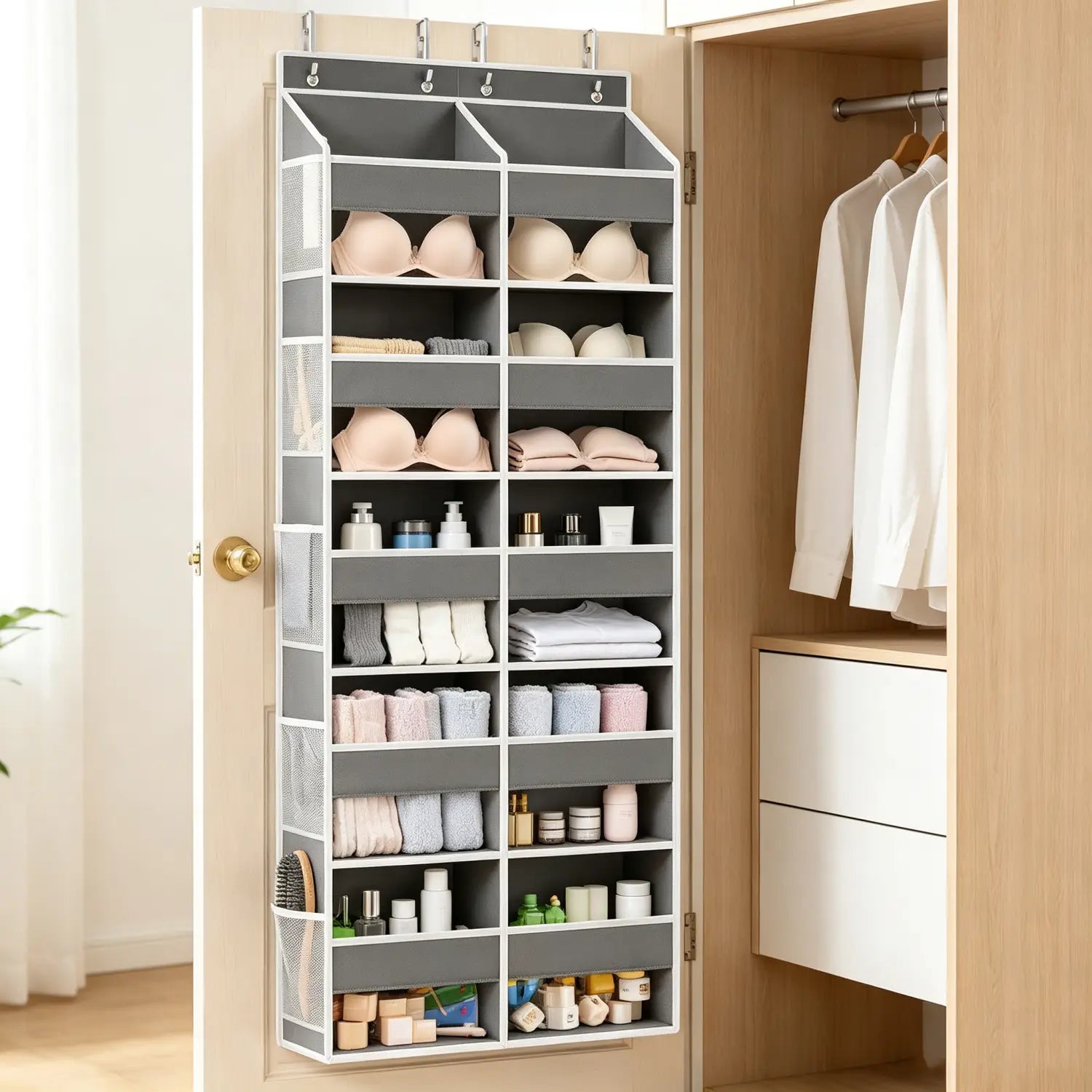 Organisateur suspendu de porte en tissu gris et blanc, grille de 10 compartiments, avec plusieurs compartiments pour ranger des soutiens-gorge, serviettes, articles de toilette et autres petits articles