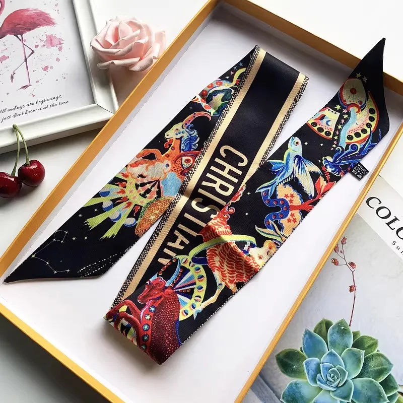 New Fashion Luxry Design Women Silk Ribbon Twill Scarf Hair Bandana Handbag Handle Wrap Bag Handmade Long Neck Wrap for Women