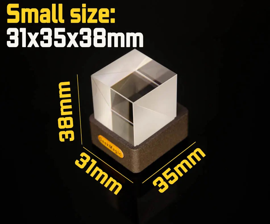 Geekmagic smart weather station crystal gif clock featuring a clear acrylic cube with a square cutout mounted on a dark brown base.