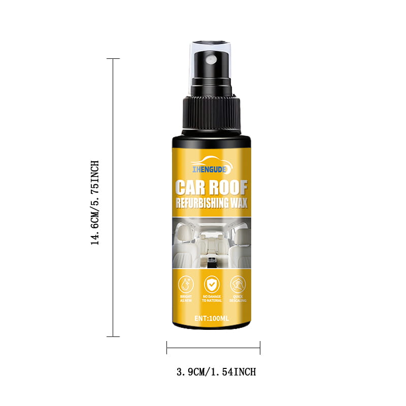 ブランド名「jhengude」と製品名「car roof refurbishing wax（カールーフ リファービッシュ ワックス）」を備えた鮮やかな黄色のラベルが特徴の、洗練された黒いスプレーボトルで、「自動車用ケア」向けに設計され、「自動車用内装ディテイリングスプレー」および「レザークリーナー」製品です。