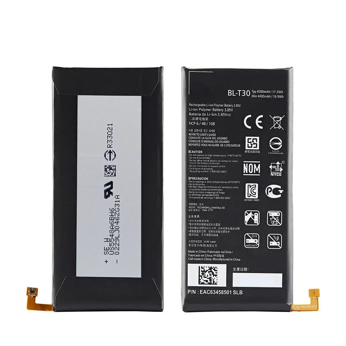 black rectangular bl-t30 lithium polymer battery with silver label and gold-colored flexible connectors for original bl-t30 battery compatible with lg x power 2 m320f m320n m322 models including l64vl m320f m320n power2 l64vl m320f