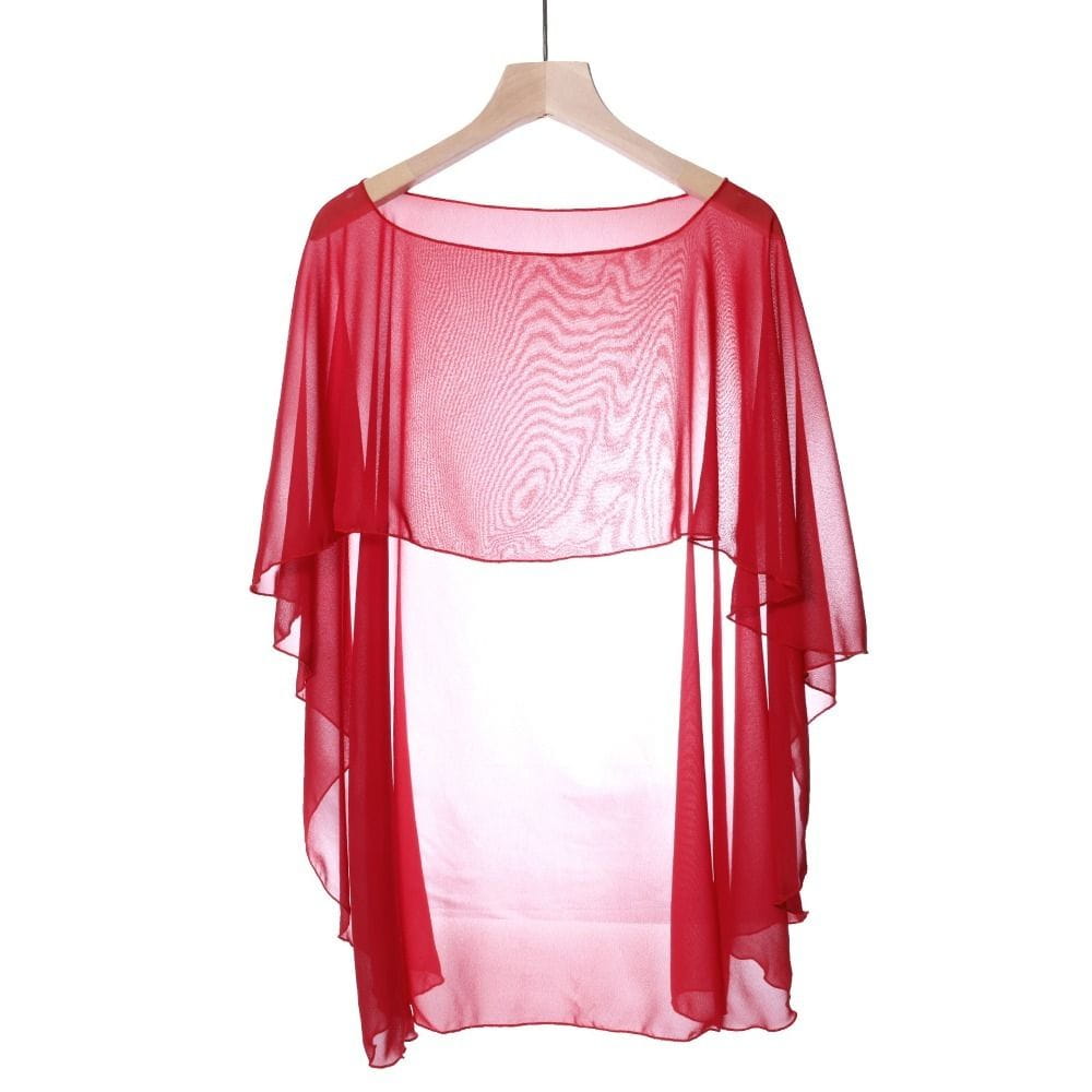 Eine transparente rote Chiffon-Hochzeitscape mit dezent wellenförmig gemusterter Textur und fließenden asymmetrischen Ärmeln, entworfen als Sonnenschutz-Wickelshawl