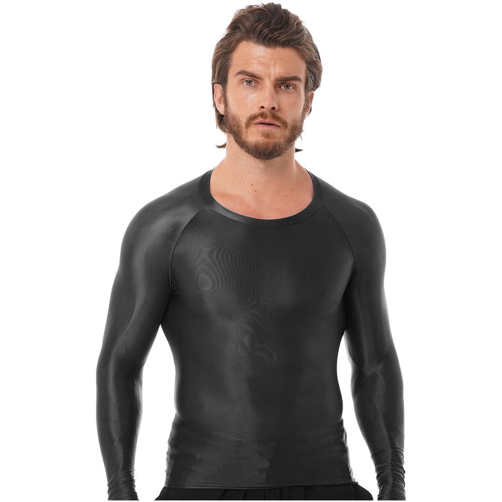 Mens Mens Glossy T-Shirts Tops Slim Fit Breathable Yoga Sports Tops Oil Shiny Long Sleeve Transparent T-shirt Running Undershirt