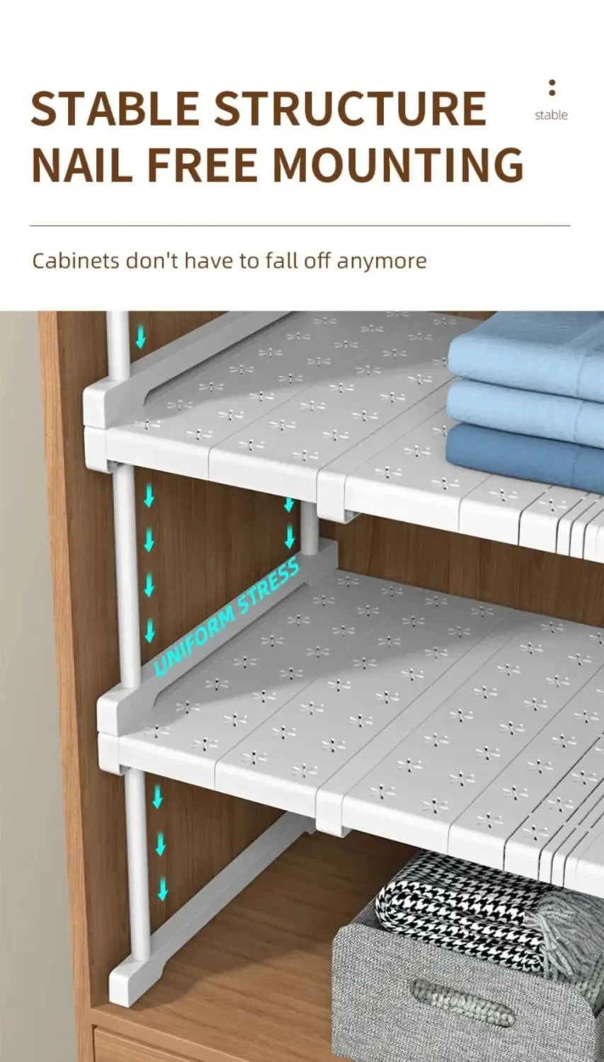 Organisateur d’armoire en plastique blanc avec rack de rangement pour étagères empilables et conception de fixation stable sans clous.