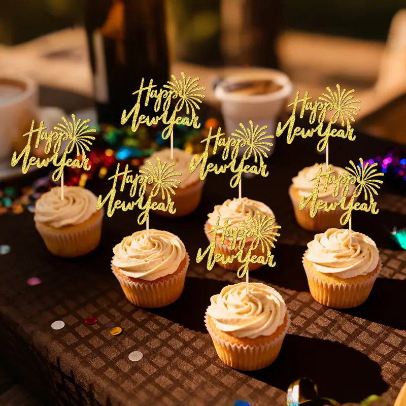 Neujahr-Glitzer-Cupcake-Topper mit 24 Stück mit einem goldglitzernden „Happy New Year“-Design mit Feuerwerksdekoration.