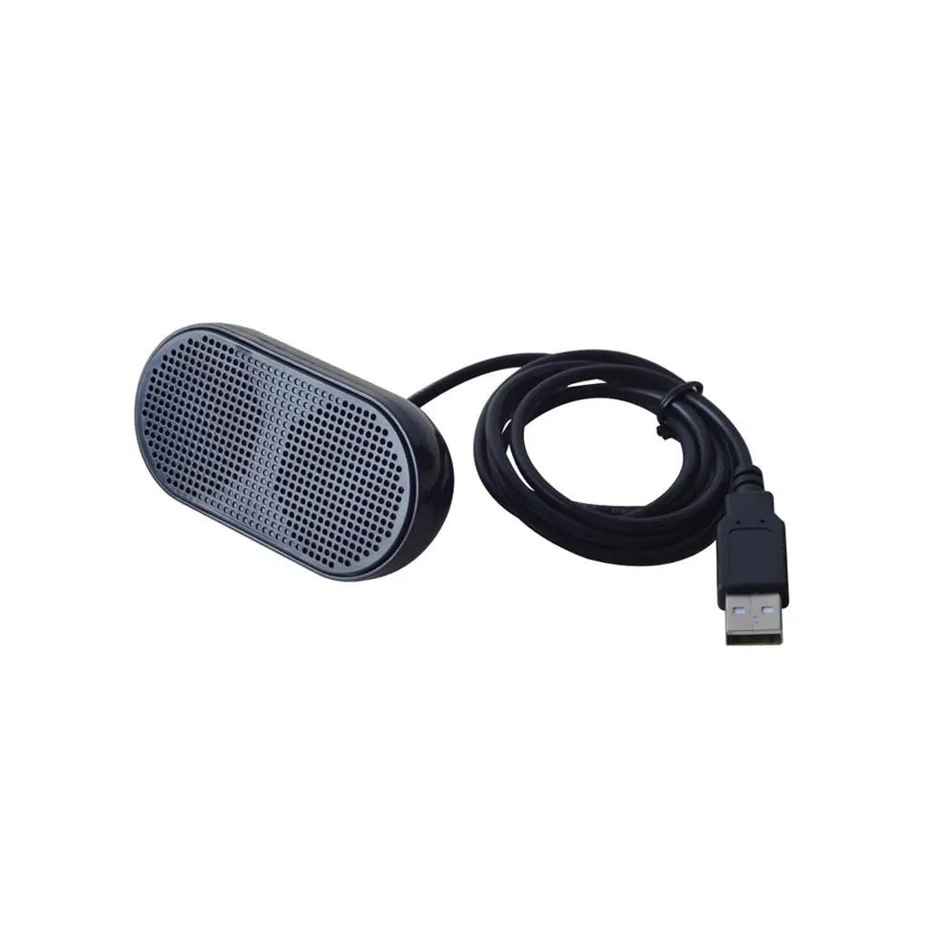 Schwarzer, oval geformter USB-Mini-Lautsprecher für Laptops mit perforiertem Gitter und gewendeltem Kabel, ausgelegt als tragbare Computer-Soundbar.