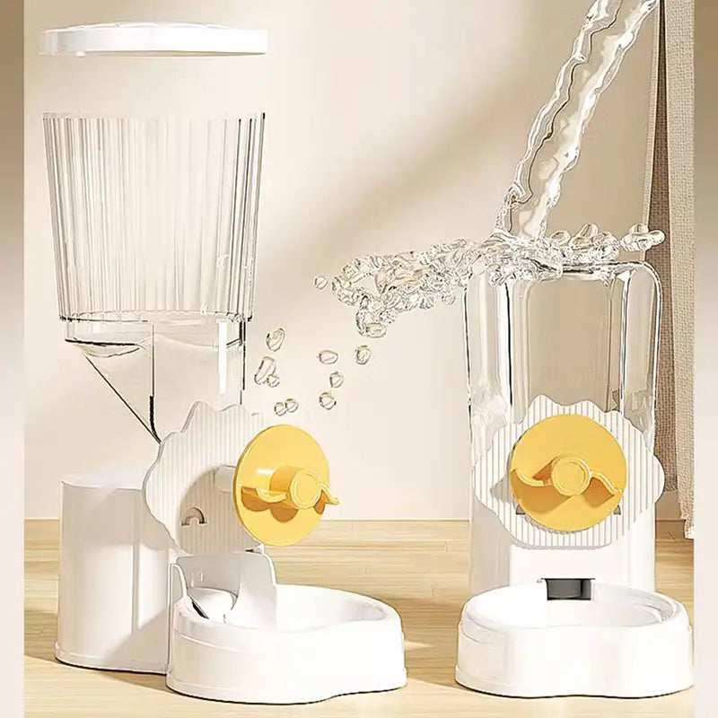 Hoopet wall mounted automatic pet feeder and water dispenser in white and yellow with a transparent food storage container for convenient pet feeding.