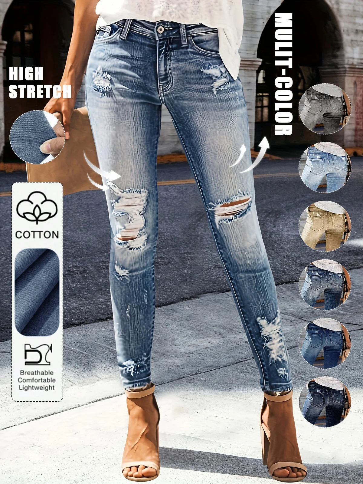 Women's Casual Elegant Party Solid Color Washed Cat Whisker Pattern Denim Ripped Skinny Jeans Tapered Pants Simple Daily Wear