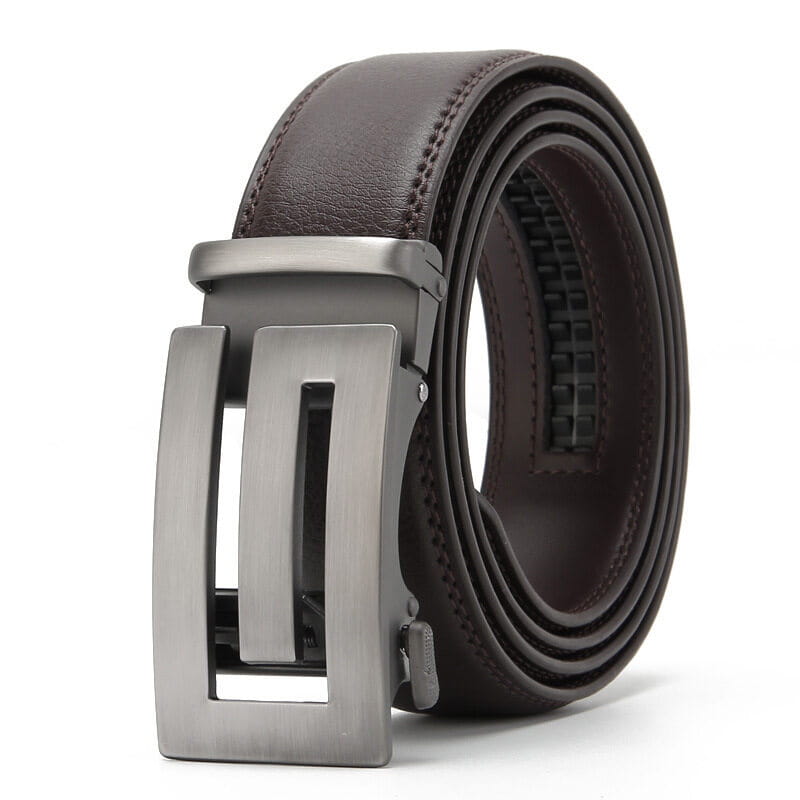 Ceinture automatique en cuir pour homme marron foncé, dotée d’une boucle automatique élégante à finition métallique brossée.