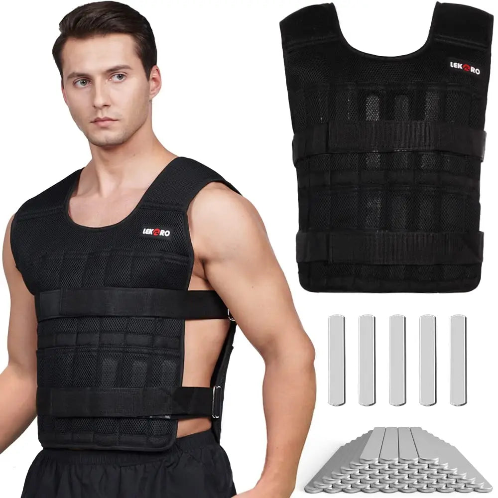 Verstellbare Gewichts-Weste von lekro in Schwarz mit Bleigewichts-Einsätzen, verstellbaren Trägern und atmungsaktiven Mesh-Paneelen, ausgelegt für Kraft- und Gewichtsbelastungstraining.