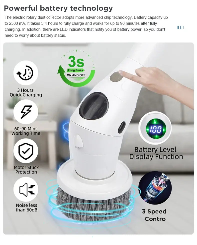Brosse électrique blanche à rotation avec tête de brosse et boutons de commande, conçue pour un nettoyage efficace avec une longue poignée.