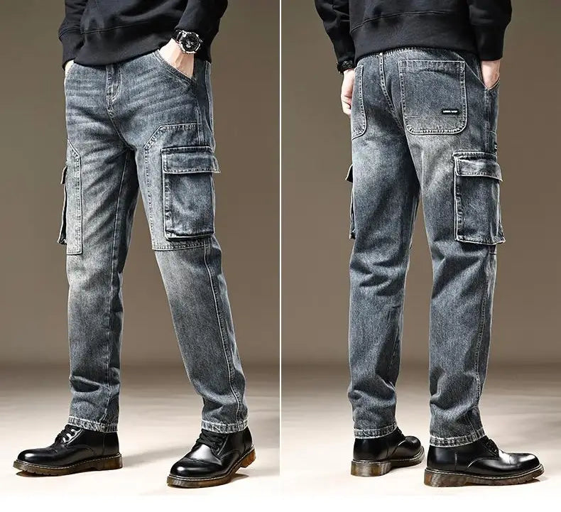 baggy dark wash denim cargo pants featuring multiple large pockets and a relaxed fit in dark-wash denim fabric