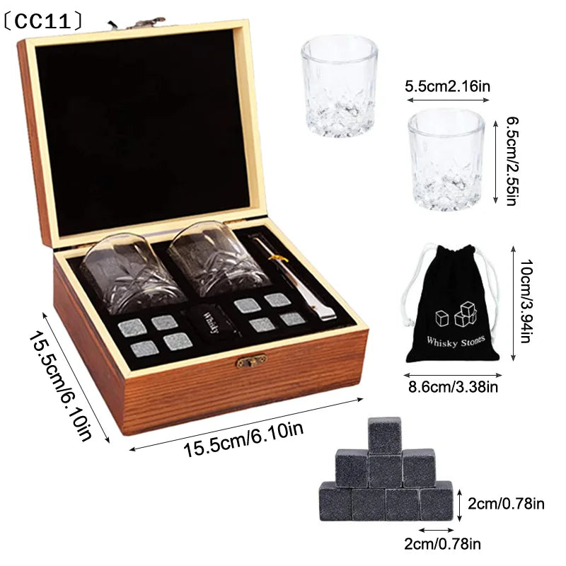 Father'S Day Gift Whiskey Stones Set 8 Pcs Granite Ice Cubes+ 2 Pcs Cups For Whisky In Wooden Bottle Box Present For Dad〔CC11〕