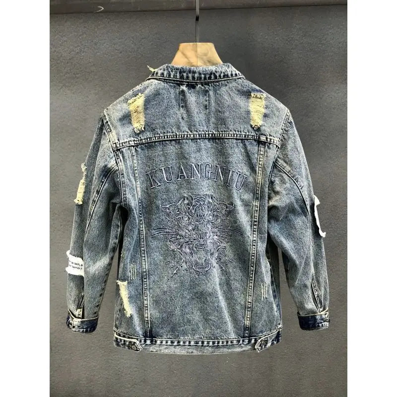 Men Vintage Embroidery Denim Jacket with Distressed Chic Casual Cowboy Fashionable Slim Fit Spring Autumn Youth Jeans Coat