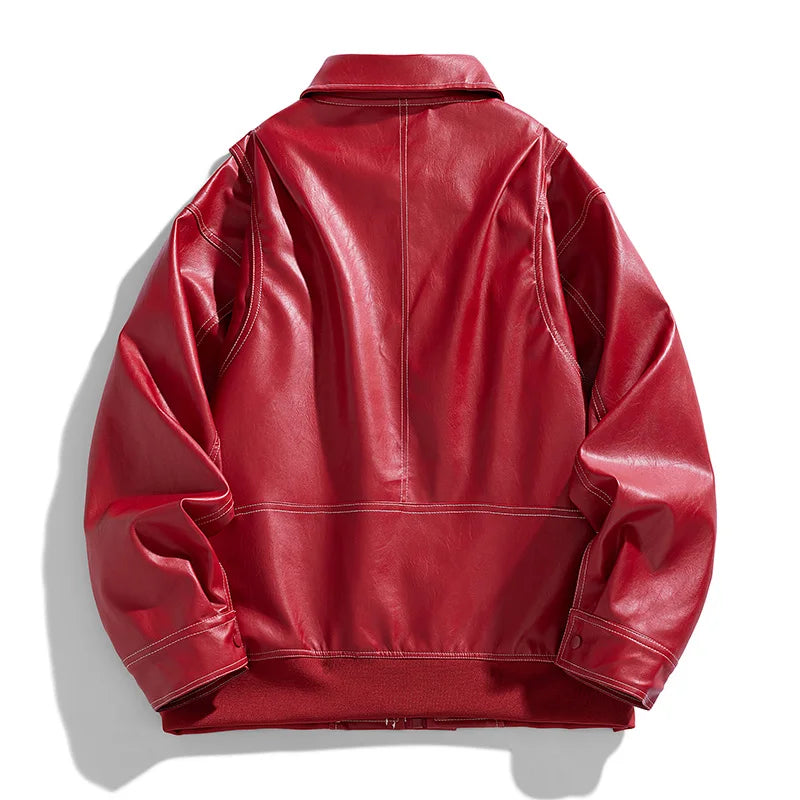 Europe The United States Trend Leather Jacket Spring Autumn New Loose Trend Men's Couple Jacket Lapel Motorcycle Handsome Coats