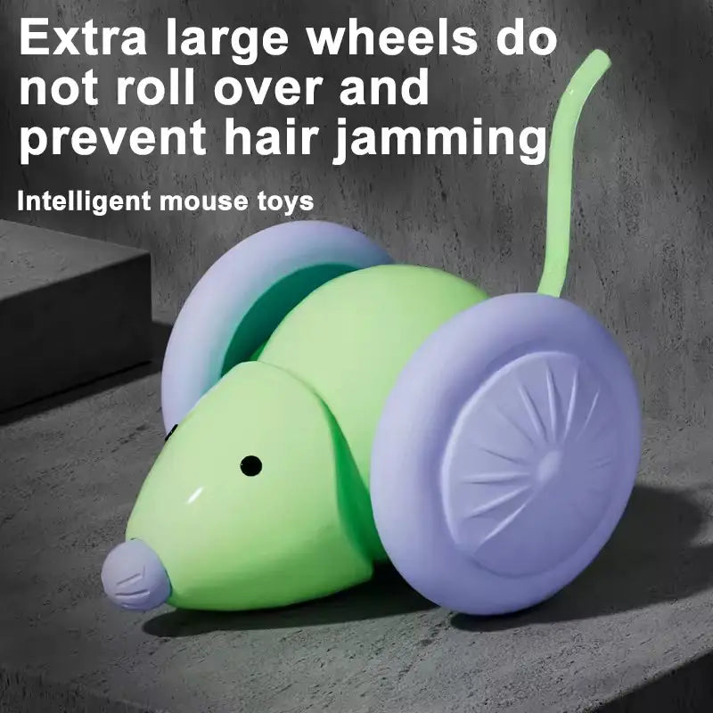 Smart mouse interactive cat toy in lime green and lavender plastic with large non-rolling wheels designed for obstacle avoidance to prevent hair jamming in animal toys type.